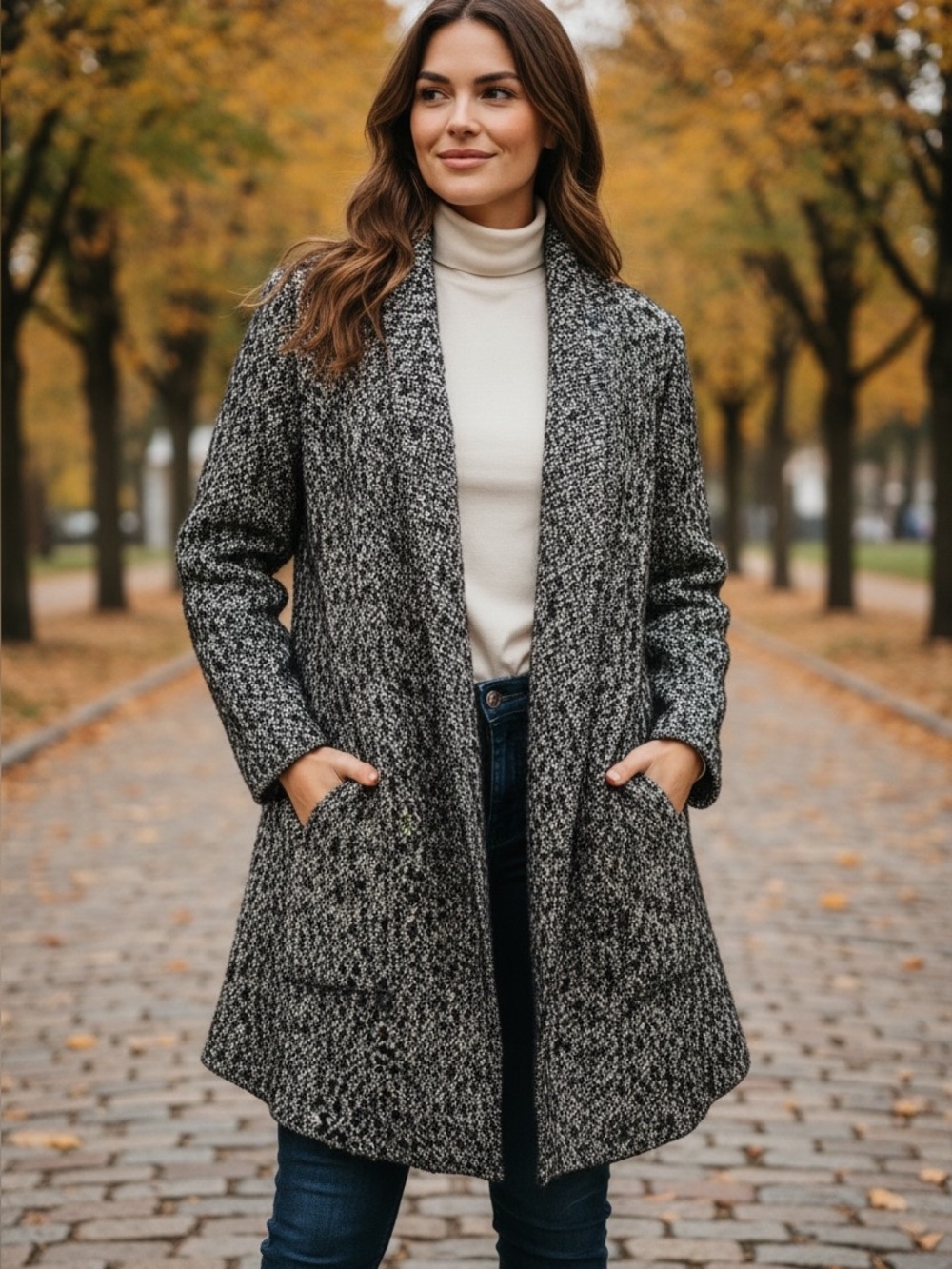 Cameleon Wool-blend Black/White Tweed Swing Open Cardigan/Coat
